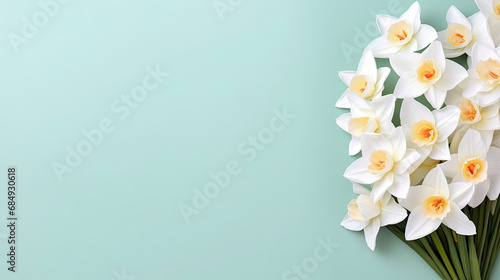 Fresh scented bouquet flower of white narcissus on green  background Copy space for text