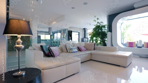 Revealing shot of a modern living room within a mansion in St Gely du Fresc photo