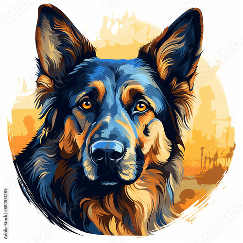 German Sheppard cute dog isolated on a white background, watercolor style clipart illustration	 photo