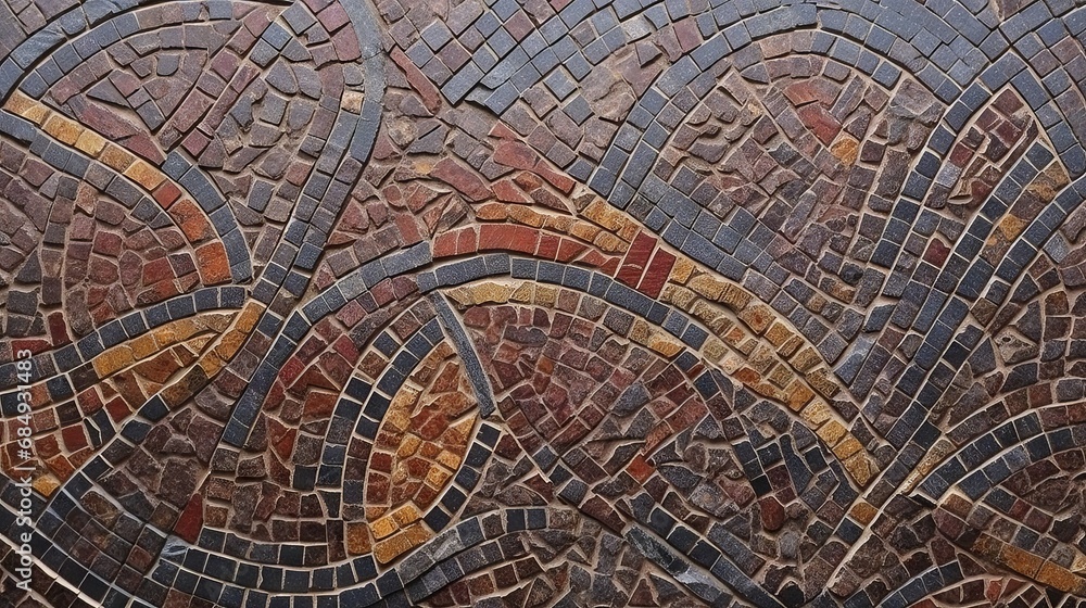 Abstract mosaic pattern made of different colored stones.