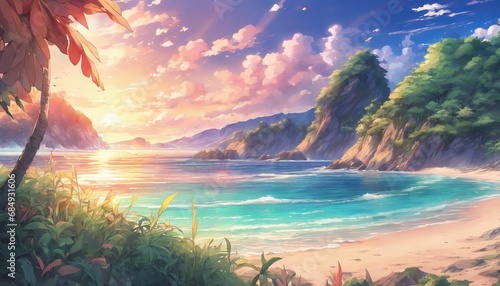 Vibrant Color of A Beautiful Anime Beach Landscape with Sunset and Sea Background Wallpaper photo