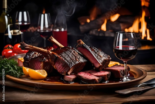 A glass of red wine and roasted beef ribs were placed on the table