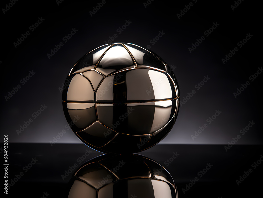 Silver soccer ball, gray football, on black background studio, metallic color