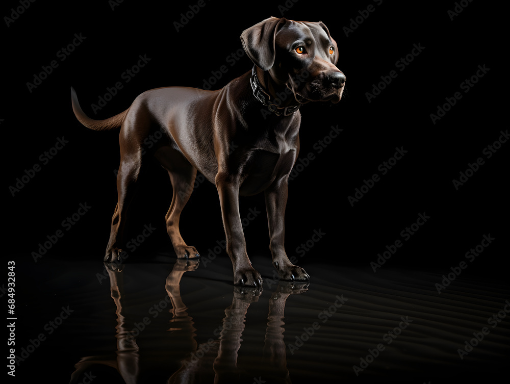 Brown labrador puppy standing on black background, studio shot Brown labrador puppy standing on black background, studio shot