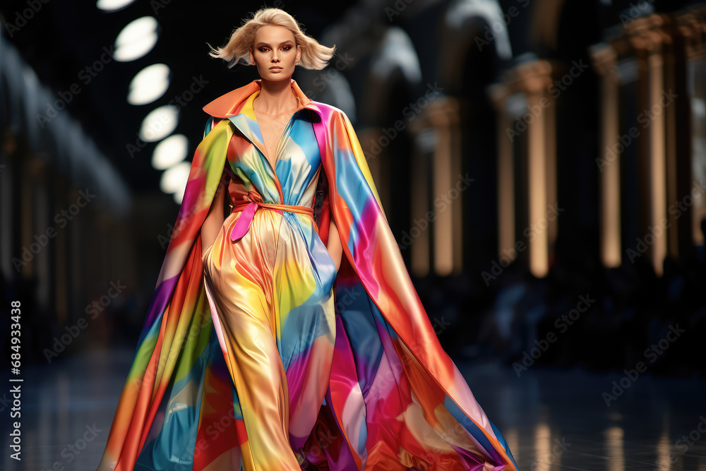 a model wearing multicolored outfits walks down a runway