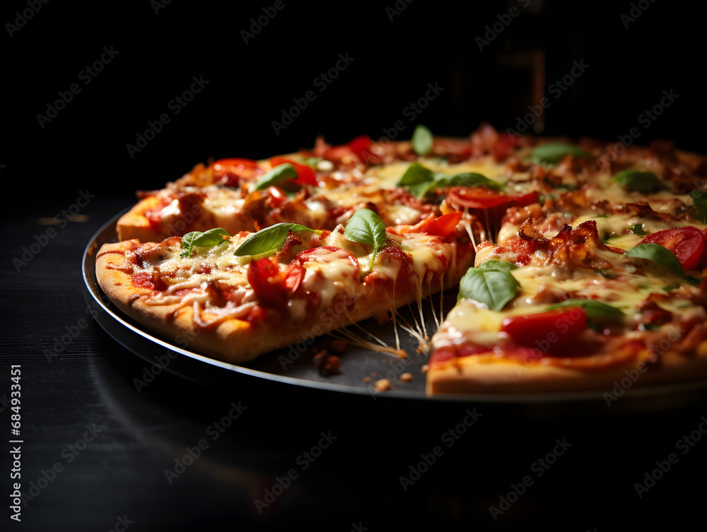 Delicious Italian pizza topped with salami, tomatoes, and mozzarella cheese, studio shot, advertising Delicious Italian pizza topped with salami, tomatoes, and mozzarella cheese, studio shot, advertising