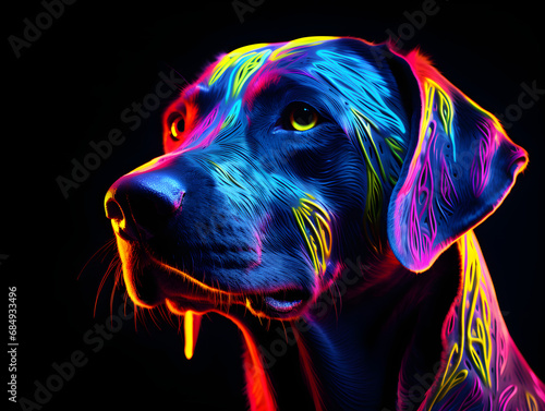 Colorful dog on dark studio background in neon light, pet love, animal life, Purple and blue neon, UV blacklight, fantastic, fluorescent, luminescence