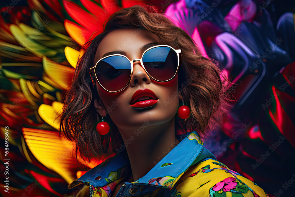 beautiful girl in sunglasses and colorful clothing