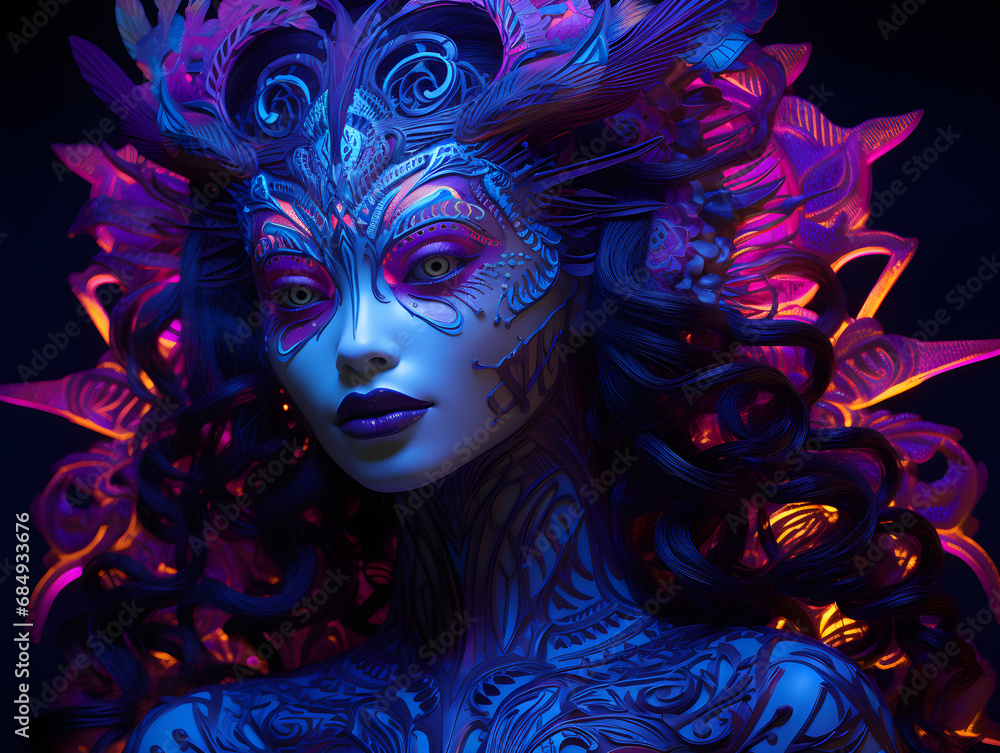 Fototapeta premium Neon fashion image of a beautiful woman isolated on black backdrop, Purple and blue neon, UV blacklight, fantastic, fluorescent, luminescence