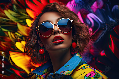 beautiful girl in sunglasses and colorful clothing