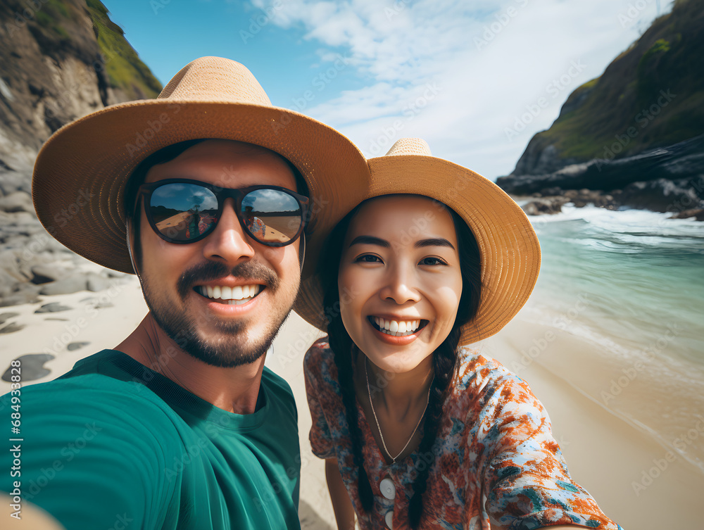 Asian couple traveller happy in love smiling take a selfie on the beach, sunny summer colors, romantic mood, stylish sunglasses, straw hat