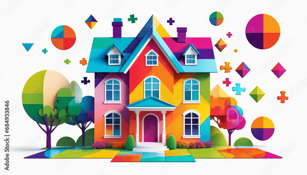 Geometric Vibrance: A Single-Story House Puzzle Logo