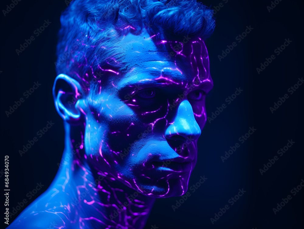 Handsome man face, Purple and blue neon, UV blacklight, fantastic, fluorescent, luminescence Handsome man face, Purple and blue neon, UV blacklight, fantastic, fluorescent, luminescence