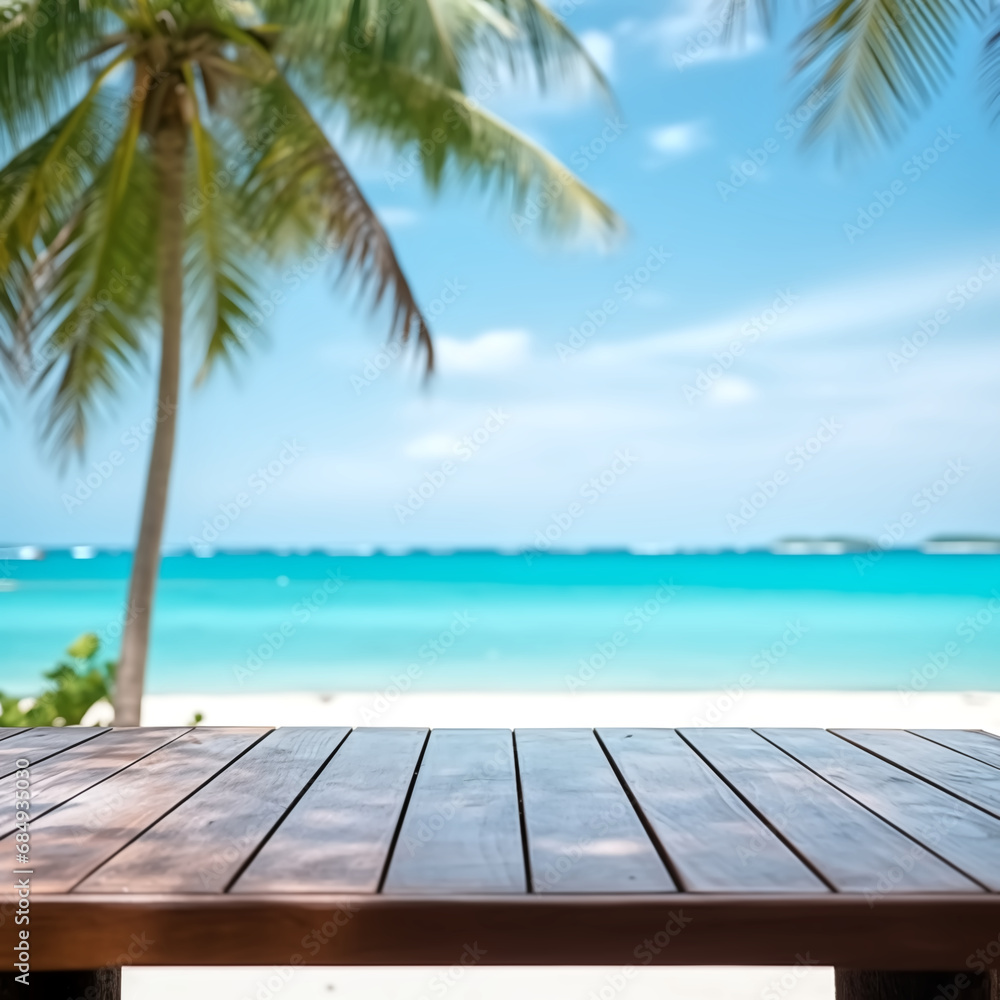 Photo of the empty table, in an outdoor beach bar, coconut tree Photo of the empty table, in an outdoor beach bar, coconut tree