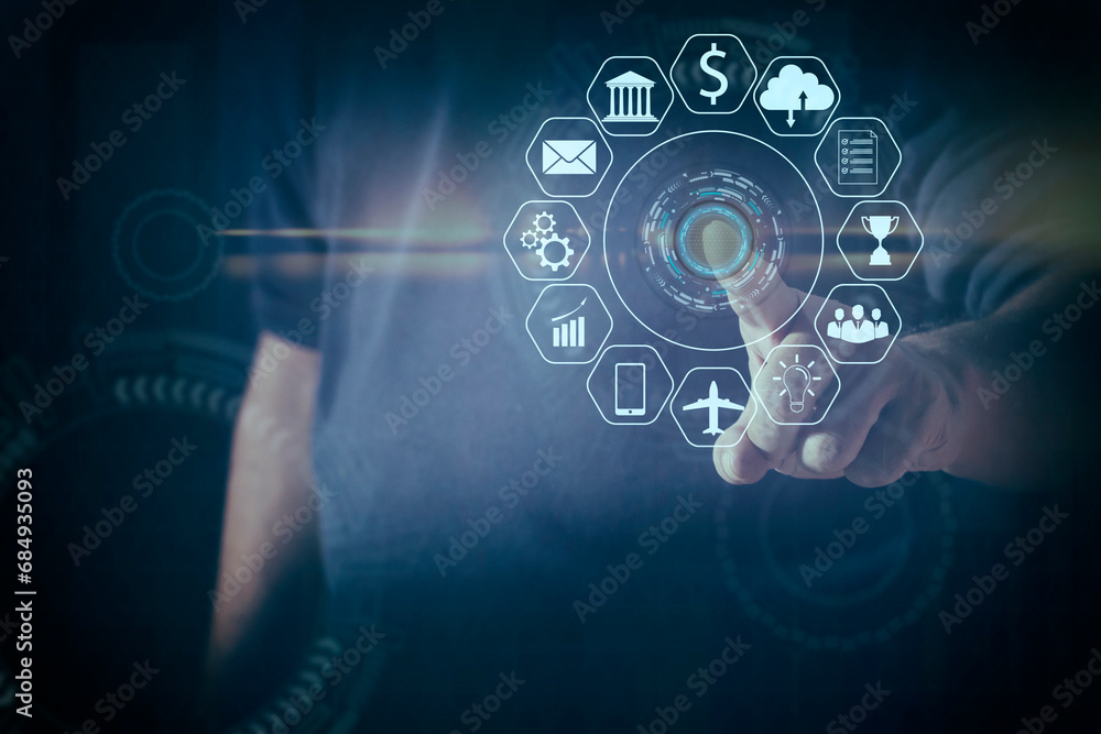 Developer touches virtual screen of charts and projections, Business analytics Big data analysis technology future concept on VR screen on blur background. Developer touches virtual screen of charts and projections, Business analytics Big data analysis technology future concept on VR screen on blur background.