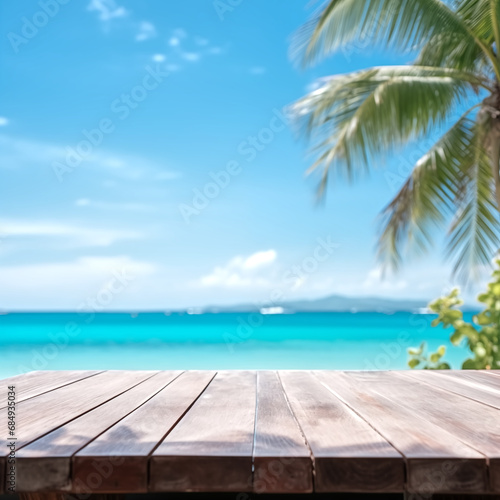 Photo of the empty table, in an outdoor beach bar, coconut tree © Jarumas