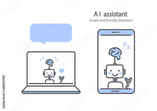 スマホやパソコンを通してサポートしてくれるAIアシスタント　シンプルでお洒落な線画イラスト
