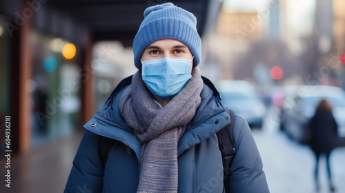 man in medical mask walking in the city street. Winter time