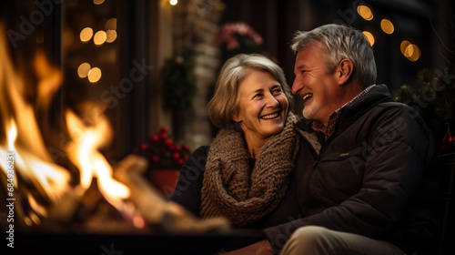 Happy senior couple in winter clothes looking at each other and smiling while sitting in front of a fireplace