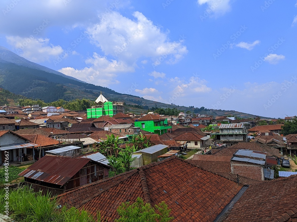 Obraz premium Panorama of residential area in rural Kaliangkrik Magelang village at the foot of Mount Sumbing, Central Java