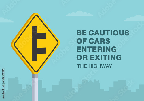 Safe driving tips and traffic regulation rules. Be cautious of cars entering or exiting the highway. Close-up of a double side roads sign. Flat vector illustration template.