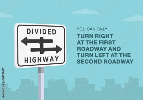 Safe driving tips and traffic regulation rules. Turn right at the first roadway and turn left at the second roadway. Close-up of a divided highway sign. Flat vector illustration template.