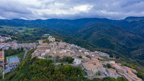 Aerial view of the city Montalbano Elicona  Italy  Sicily  Messina Province.  Aerial view of the medieval town of Montalbano Elicona with the castle of Federico II  Italy  Sicily.