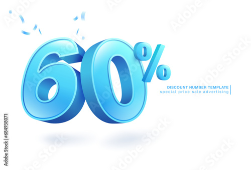 60 percent discount number template in blue 3D font. use for promotional advertisement in special sale Isolated on white background. illustrator vector file.