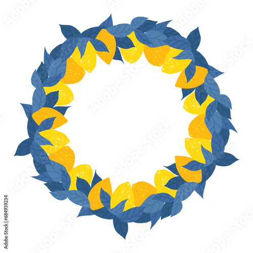 Vector contrast round frame with lemons, foliage and copy space. Hand drawn flat border with fruits and place for text. Circle framework