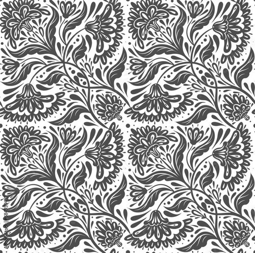 Vector lace pattern with tracery gray floral ornaments in tile on white background. Decorative monochrome seamless texture with flowers and foliage
