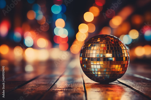 Party Diskokugel auf einem Holzboden mit bunten Bokeh Lichtern im Hintergrund und viel Platz für Text. Hintergrund für Events, Nachtleben, Parties und Diskos photo
