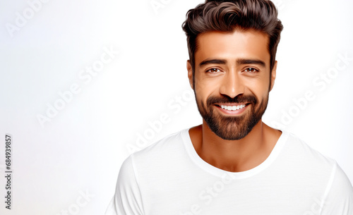HANDSOME LAUGHING INDIAN MAN ON WHITE BACKGROUND. legal AI