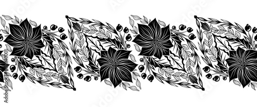 Vector monochrome decorative holiday border with poinsettia flowers. Seamless tracery frieze with black Christmas flower starts photo