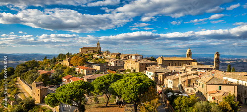 View of Montalcino town  Tuscany  Italy. Montalcino town takes its name from a variety of oak tree that once covered the terrain. View of the medieval Italian town of Montalcino. Tuscany