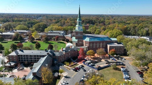 Wait Chapel on Wake Forest University campus. Aerial establishing shot. photo