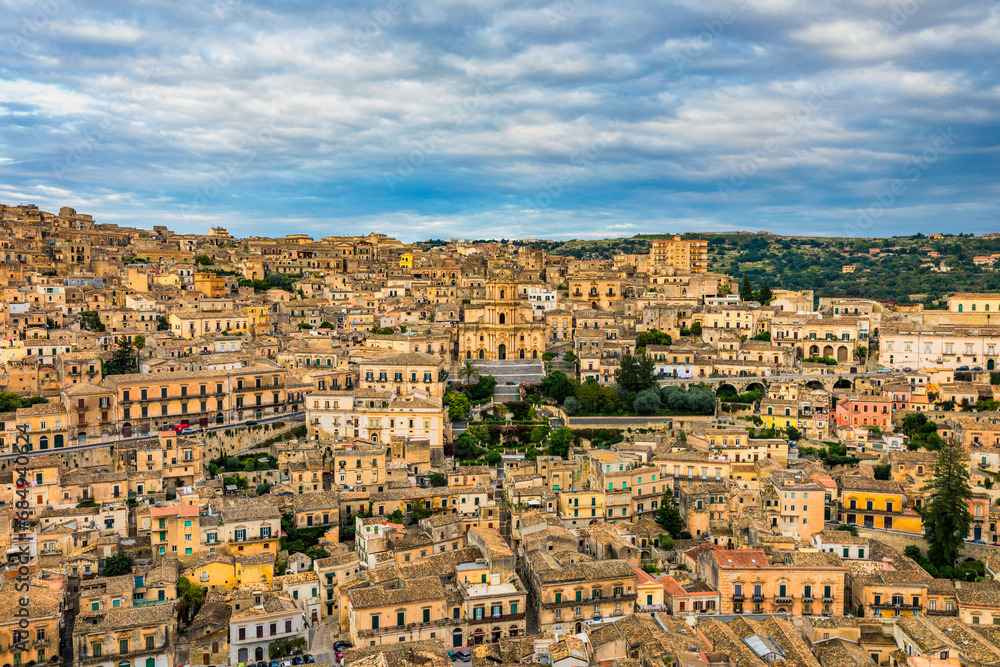 View of Modica, Sicily, Italy. Modica (Ragusa Province), view of the baroque town. Sicily, Italy. Ancient city Modica from above, Sicily, Italy