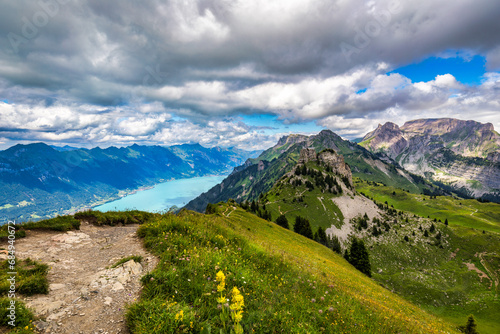 Beautiful Lake Thun and Lake Brienz view from Schynige Platte trail in Bernese Oberland, Canton of Bern, Switzerland. Popular mountain in the Swiss Alps called Schynige Platte in Switzerland. photo