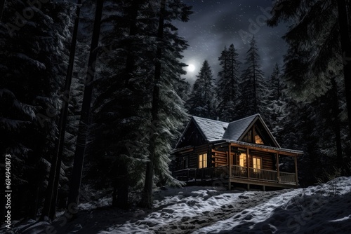 Snow-covered cabin in a moonlit forest. 