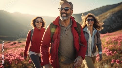 Group of elderly or middle-aged people exercises trekking in national park walking up to mountain with flower glasses field, tourist lifestyle adventure travel outdoors in autumn, widow sunset light