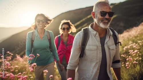 Group of elderly or middle-aged people exercises trekking in national park walking up to mountain with flower glasses field, tourist lifestyle adventure travel outdoors in autumn, widow sunset light