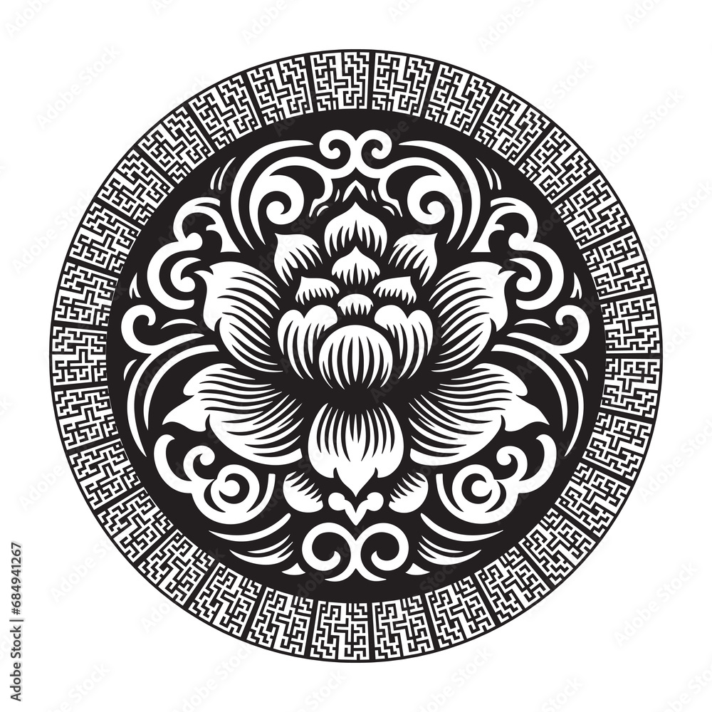 Chinese traditional floral black and white mandala pattern with round chinese meanders frame. Vector ornamental ethnic background. Decorative isolated ornaments. Chinese new year. Ornate texture - obrazy, fototapety, plakaty 