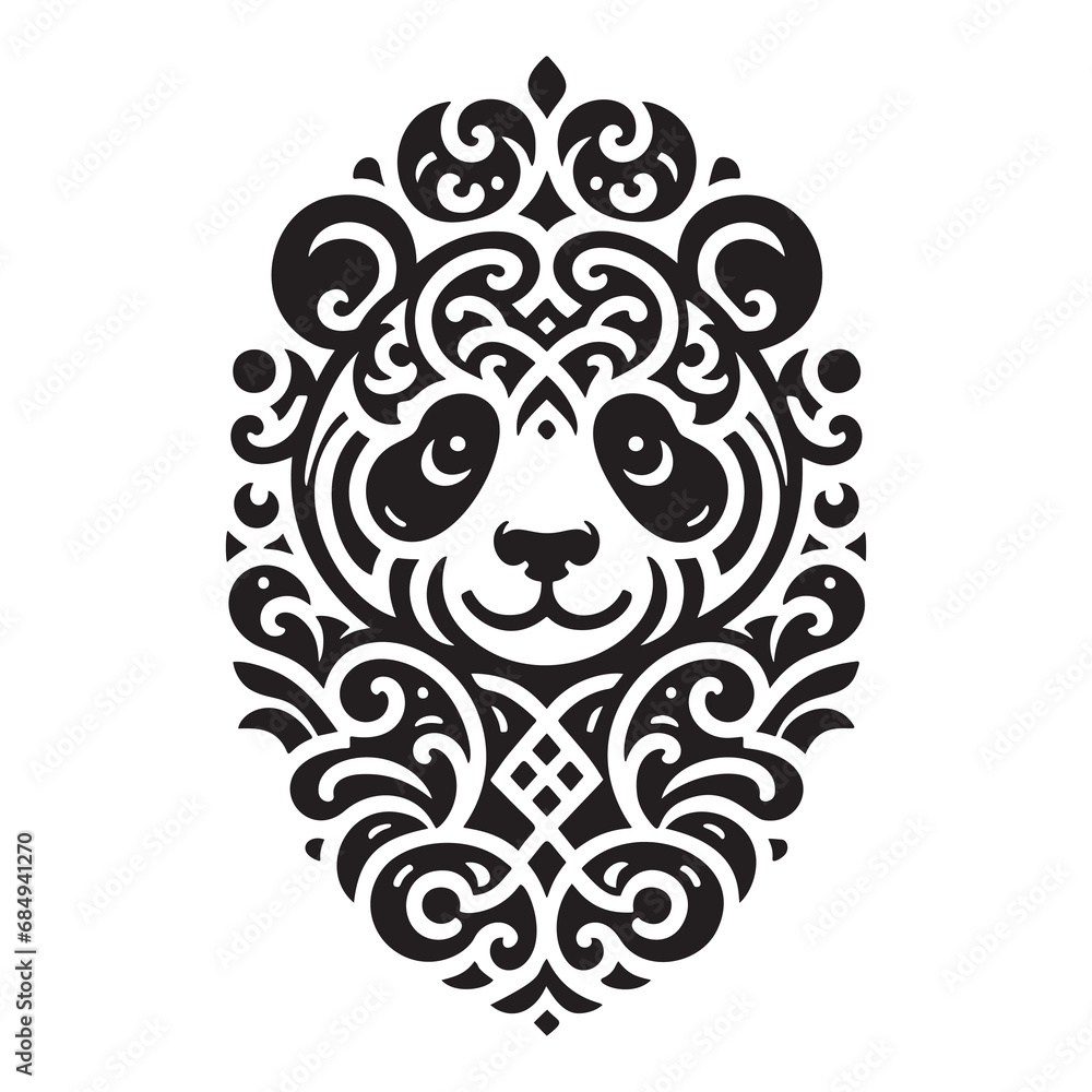 Ornamental black and white chinese style panda pttern. Vector  white background with black patterned panda. Isolated beautiful decorative panda ornaments