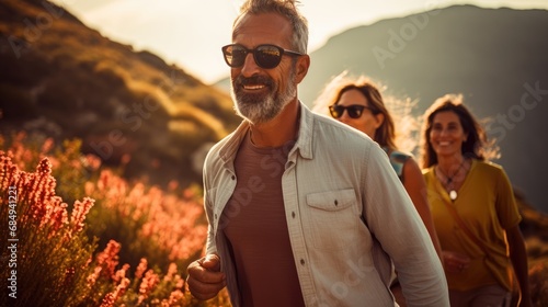Group of elderly or middle-aged people exercises trekking in national park walking up to mountain with flower glasses field, tourist lifestyle adventure travel outdoors in autumn, widow sunset light