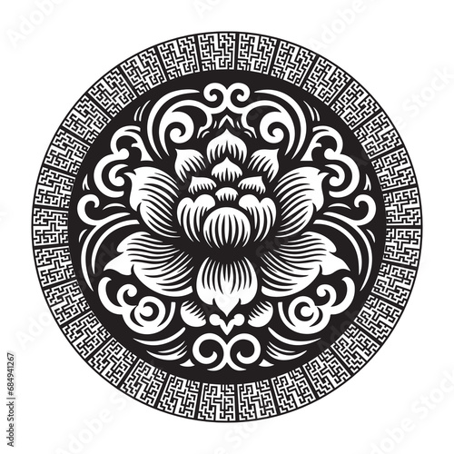 Chinese traditional floral black and white mandala pattern with round chinese meanders frame. Vector ornamental ethnic background. Decorative isolated ornaments. Chinese new year. Ornate texture