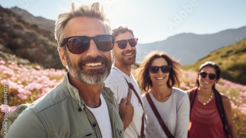 Group of healthy senior middle-aged people looking at camera smiling spend free time trekking in national park with flower glasses field, retired pensioner lifestyle outdoor activities, against sunset