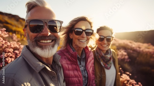 Group of middle-aged people looking at camera smiling spend free time trekking in national park with flower glasses field, retired pensioner lifestyle outdoor activities, autumn season, widow sunset