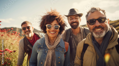 Group of middle-aged people looking at camera smiling spend free time trekking in national park with flower glasses field, retired pensioner lifestyle outdoor activities, autumn season, widow sunset photo