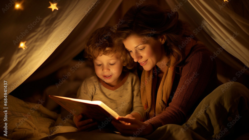A mother reading a bedtime story book to her child at night A mother reading a bedtime story book to her child at night