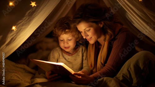 A mother reading a bedtime story book to her child at night