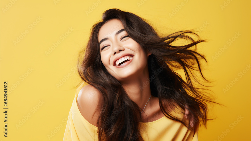Happy young woman on a yellow background Happy young woman on a yellow background